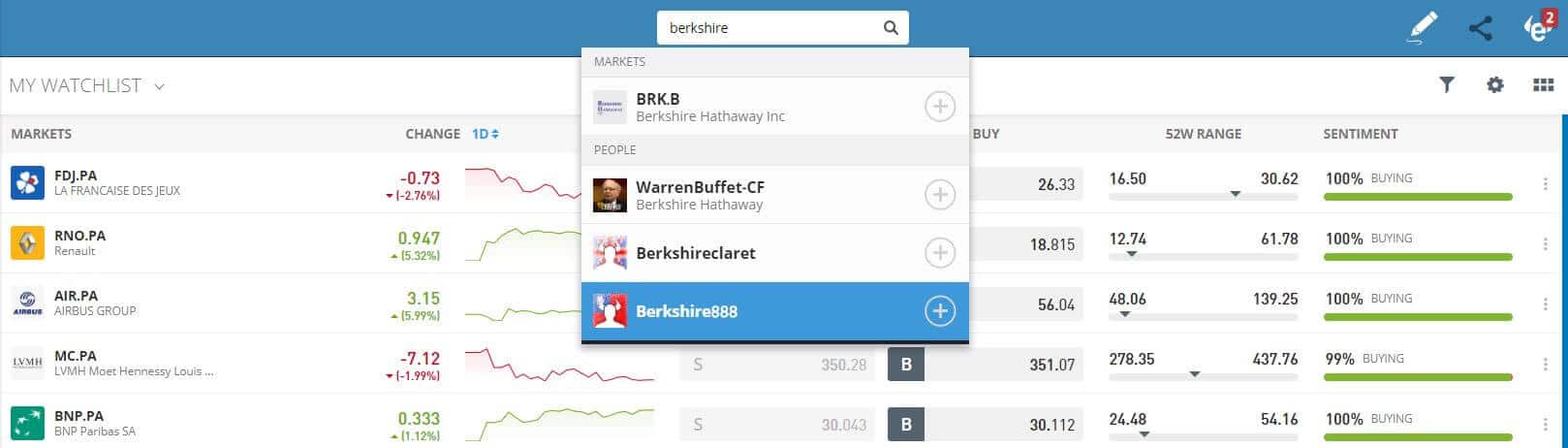Search for Berkshire Hathaway stock on eToro