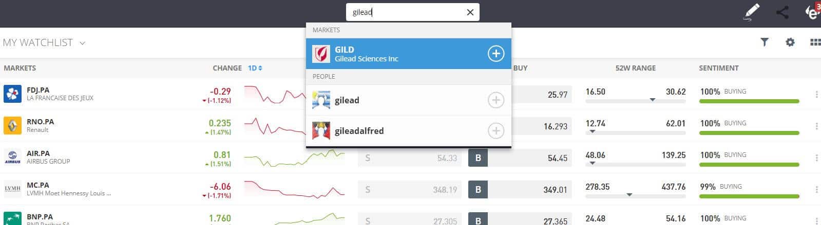 Search for Gilead stock on eToro