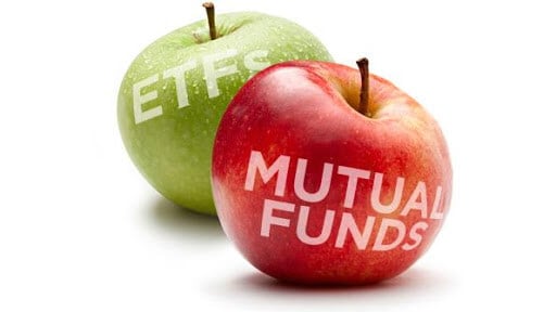 Green vs. red apples used to contrast between ETFs and mutual funds