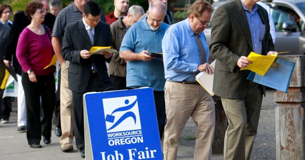 People in line at job fair in Oregon